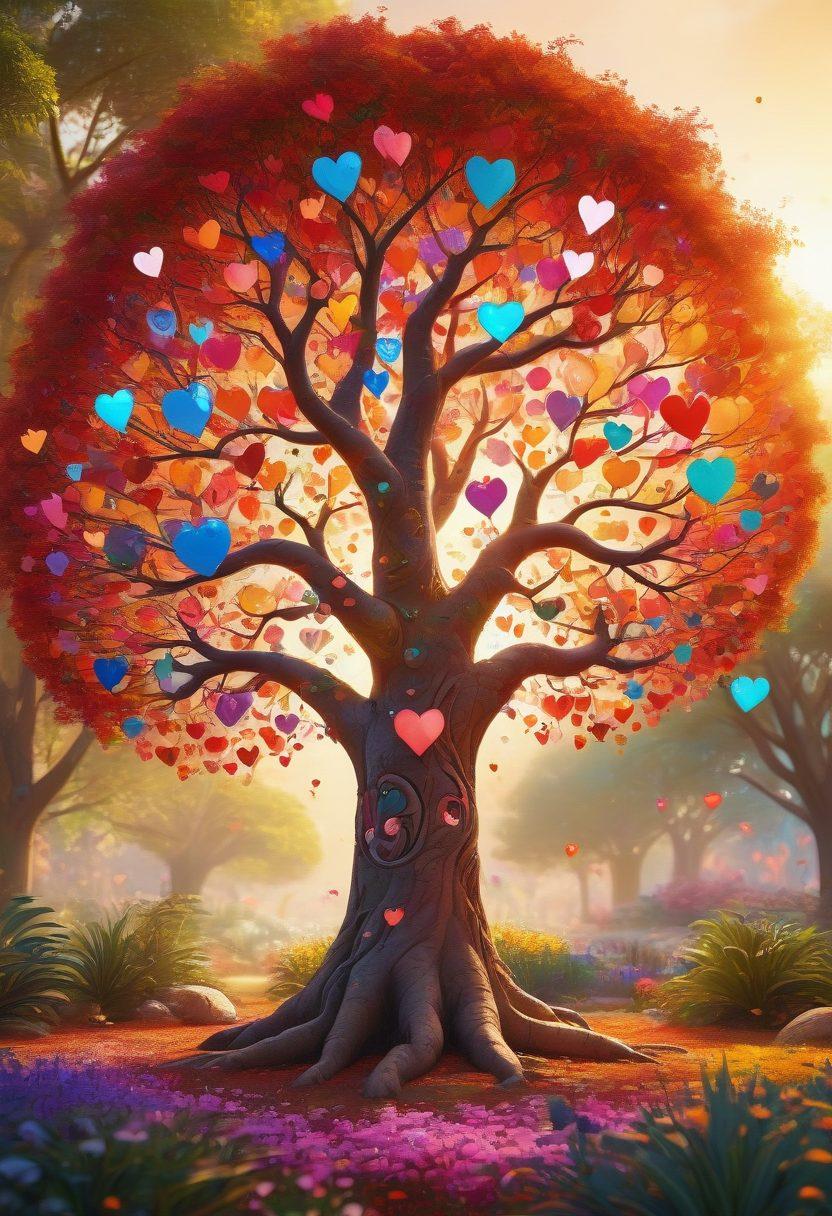 A vibrant digital garden thriving on user engagement, featuring diverse avatars interacting joyfully around a glowing, interconnected tree of community with colorful, floating hearts and thumbs up symbols. Warm tones and a sunlit background evoke positivity, illustrating the concept of online happiness and connection. super-realistic. vibrant colors. 3D.