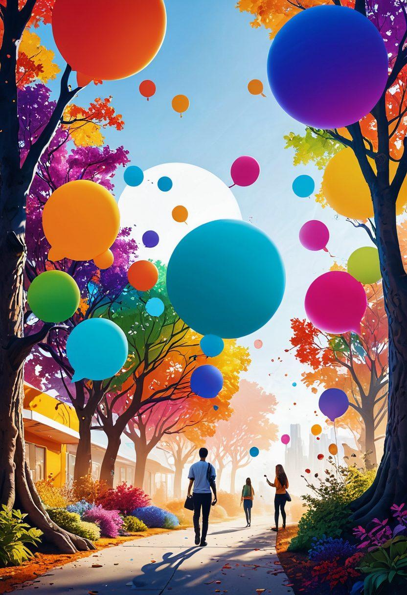 A vibrant digital landscape bustling with diverse individuals engaging joyfully in interactive activities, surrounded by elements symbolizing connectivity like floating chat bubbles and gears. The background features bright colors representing positivity and community, with trees made of screens. Illustrate a warm and inviting atmosphere that fuels the idea of a happy digital space. super-realistic. vibrant colors. white background.
