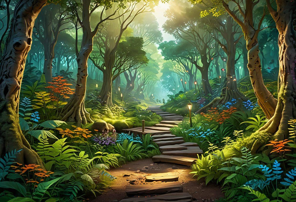A serene landscape depicting a winding path through a lush digital forest, with friendly avatars interacting and sharing ideas along the way. Bright, inviting colors are used to symbolize happiness and collaboration, with small icons representing online communities scattered throughout. Include soft lighting that conveys warmth and contentment. super-realistic. vibrant colors. peaceful atmosphere.